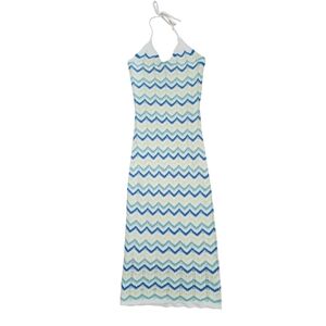 FRESHMAN 1996 knit midi halter dress, chevron stripes, white/blue/green, size S